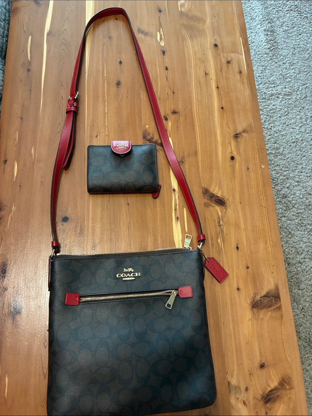 NWOT !!! Coach Brown Signature Crossbody with Red Trim and Matching Wallet